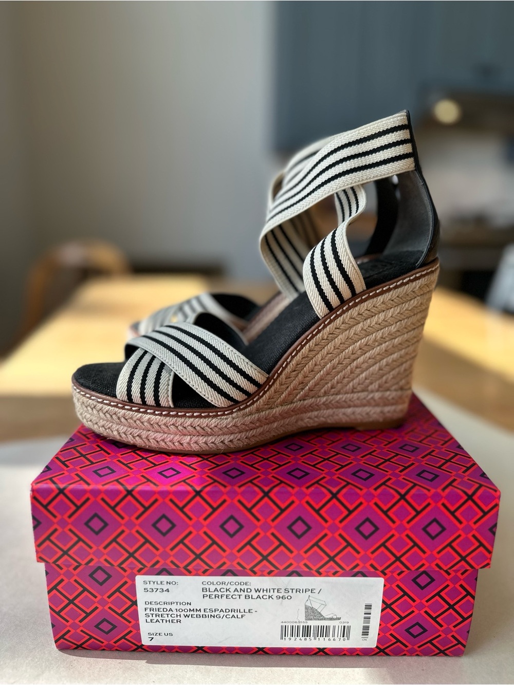 Tory Burch Black and White Striped Espadrille Wedge Sandals